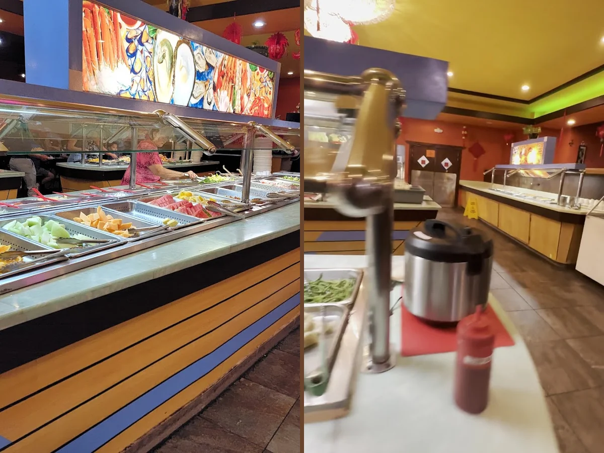 Seafood buffet spread beside hibachi station