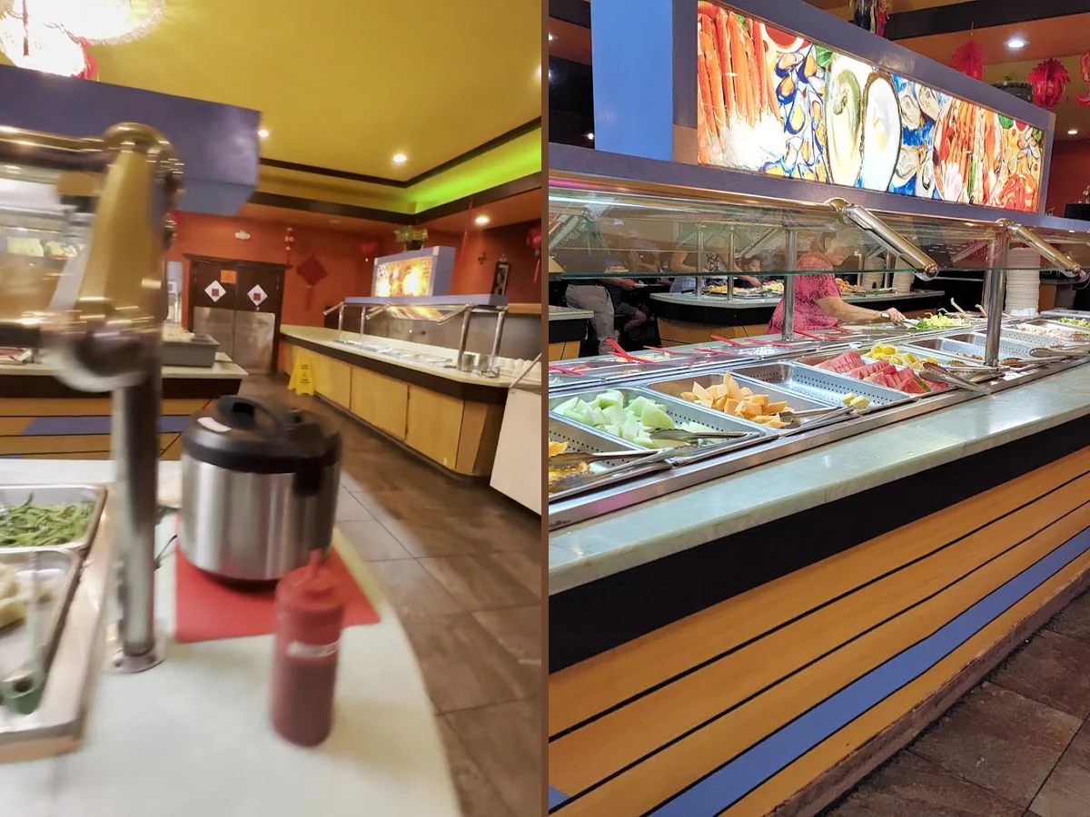 Buffet trays with sushi and Chinese dishes