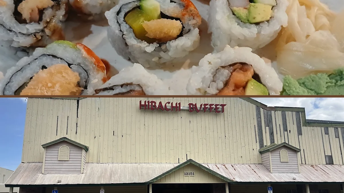 Seafood buffet spread beside hibachi station